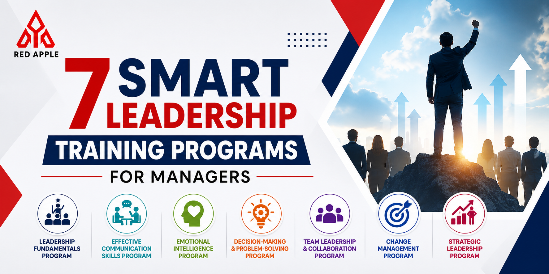 Corporate banner showing smart leadership training programs for managers with professional business growth design