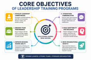 Core objectives of leadership training programs infographic showing key leadership skills and outcomes