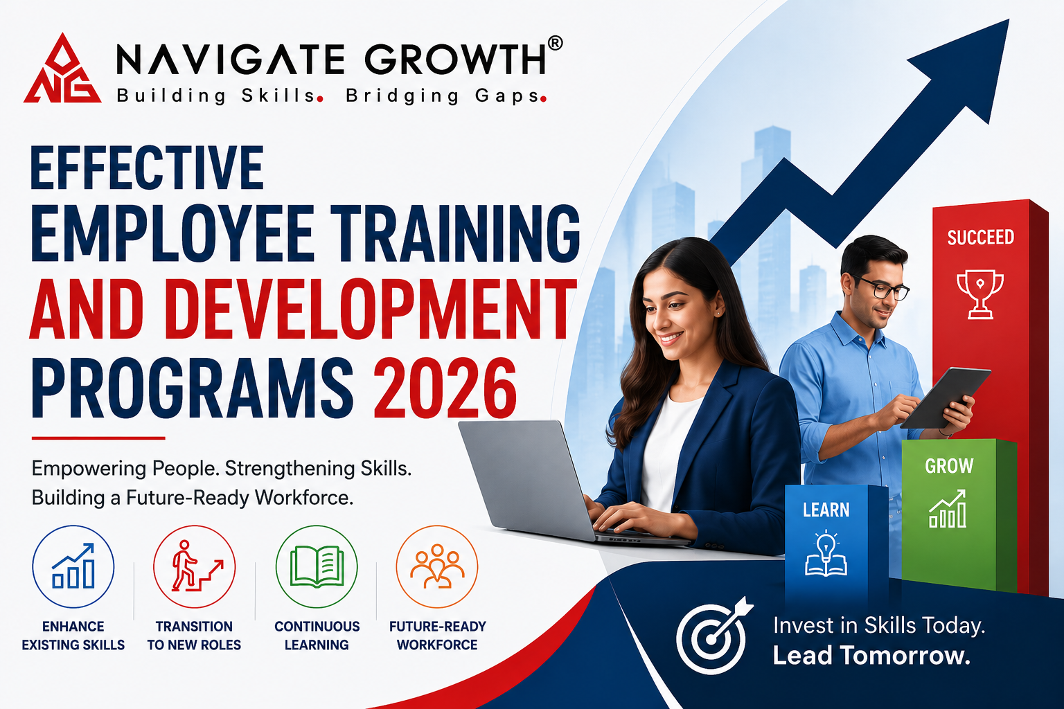 Corporate banner showing employee training, skill development, and growth with Navigate Growth branding