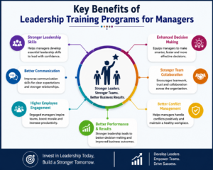 Infographic showing key benefits of leadership training programs for managers in modern workplaces