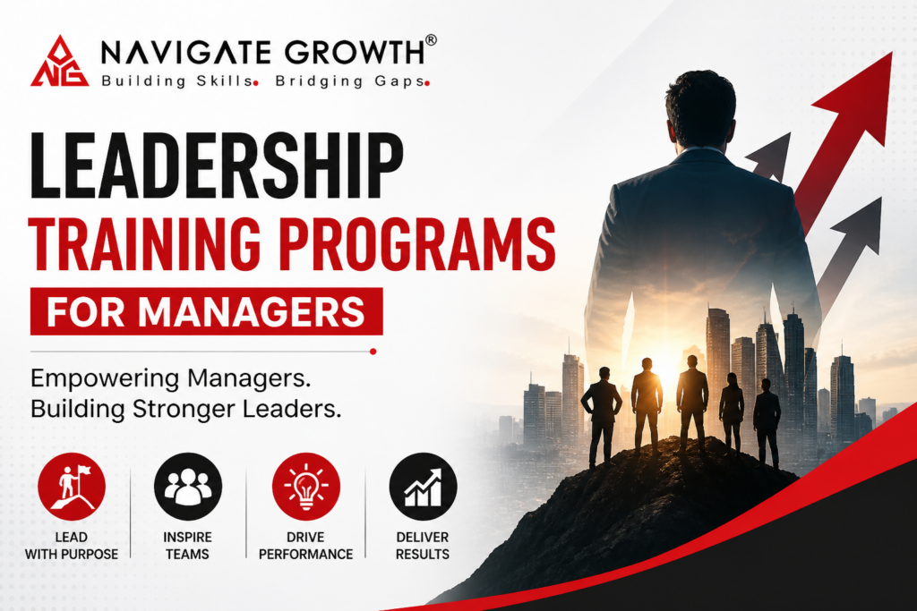 Leadership training programs for managers banner with Navigate Growth logo and business growth concept