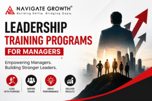 Leadership training programs for managers banner with Navigate Growth logo and business growth concept