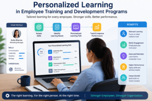 Employee using a laptop with a personalized learning dashboard showing skills and progress