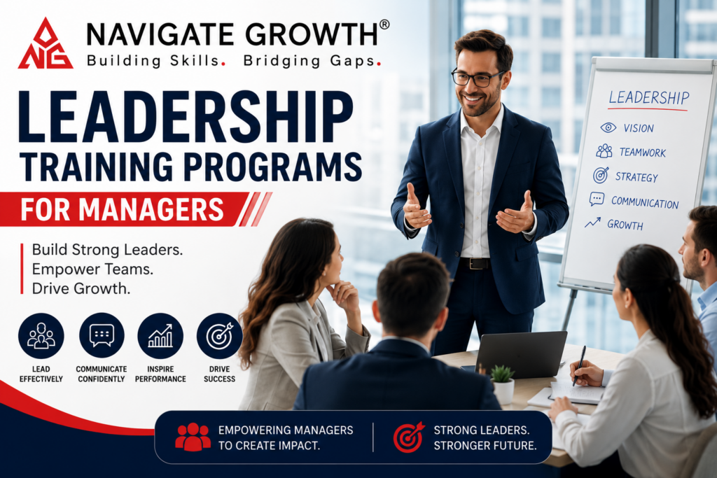 Leadership training programs for managers workshop with Navigate Growth branding and team leadership development.