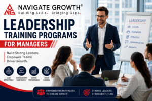 Leadership training programs for managers workshop with Navigate Growth branding and team leadership development.