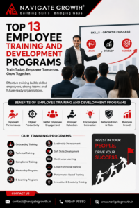 employee training and development programs corporate poster with benefits and contact details