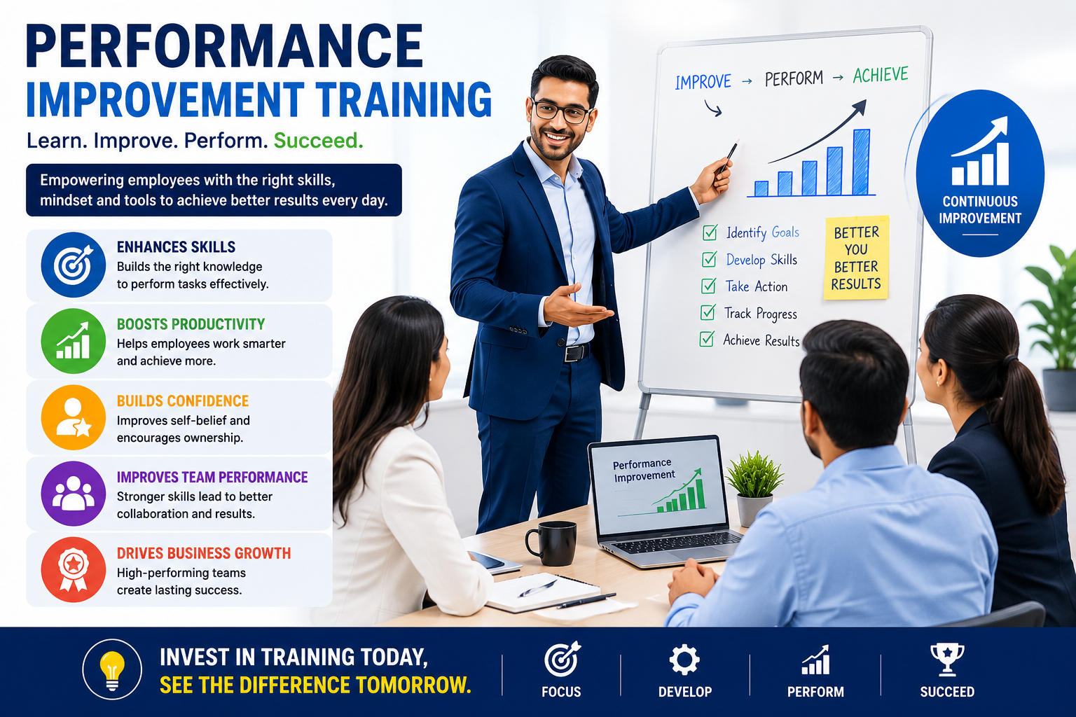 Performance improvement training session with employees learning productivity and skill enhancement strategies.